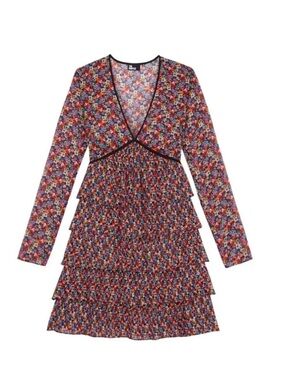The Kooples The Floral Tiered V-Neck Long Sleeve Dress - Multi, French size 2